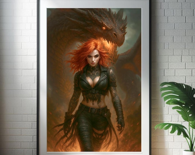 Dragonfire Queen – Fiery Red‑Haired Warrior with Dragon Printable Art | Dark Fantasy Wall Print