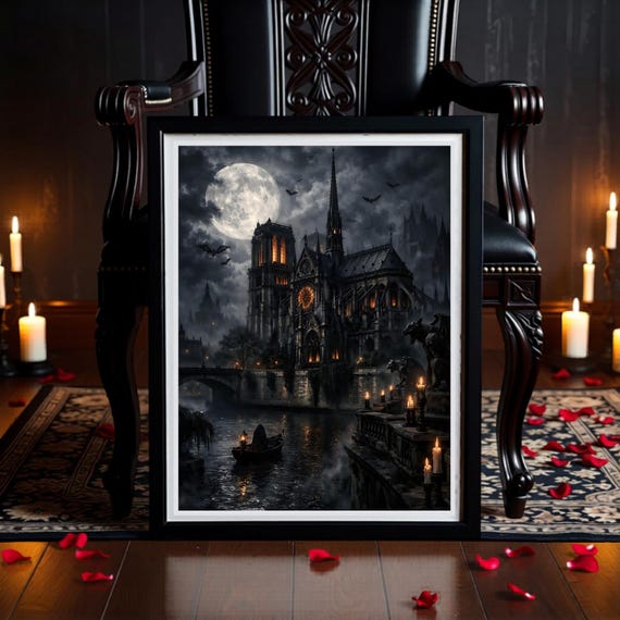 Notre Dame Gothic Wall Art - Haunted Medieval Cathedral Scene Decor - Instant Download