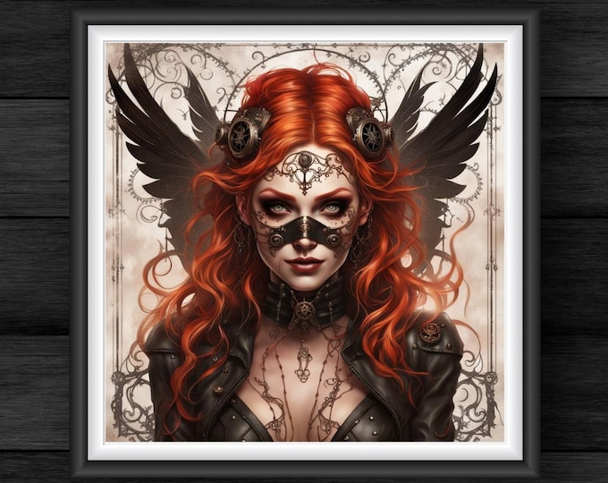 Red-Haired Steampunk Siren Art - Dark Fantasy Winged Elf