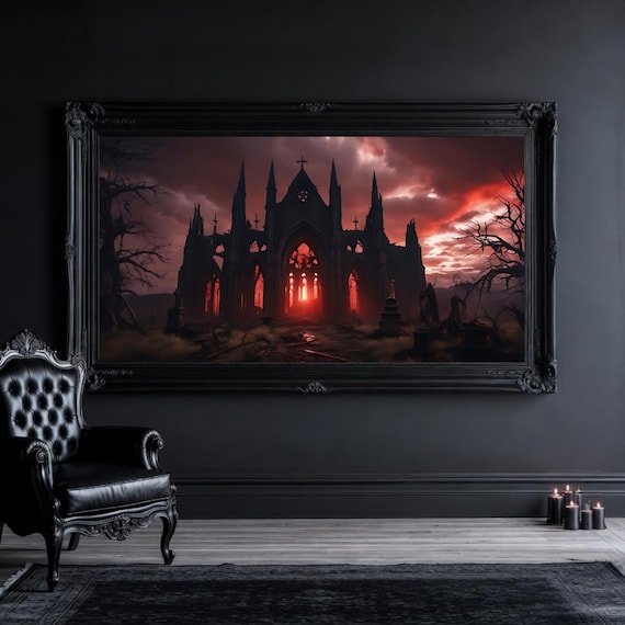 Dark Fantasy Cathedral Ruins Wall Art: Blood Red Sky, Haunted Abbey - Living room Decor
