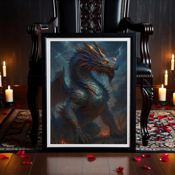 Epic Storm Dragon Printable Wall Art - Mythical Creature Print - Gaming room Decor (Digital Download)