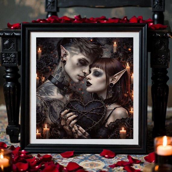 Gothic Valentine Artwork: Dark Romantic Couple with Barbed Wire Heart