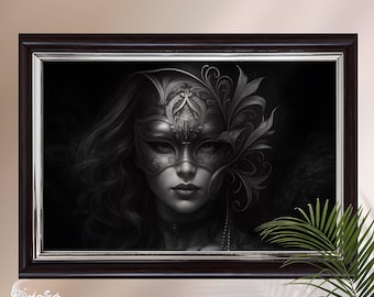 Gotische gemaskerde vrouw kunst aan de muur afdrukbare, Dark Fantasy Witchy Academia decor, gotische slaapkamer print