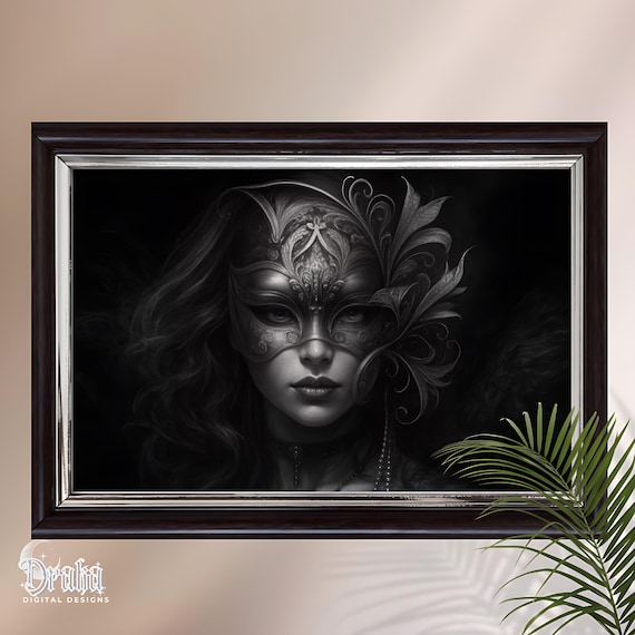 Gothic Masked Woman Wall Art Printable, Dark Fantasy  Witchy Academia Decor, Gothic Bedroom Print