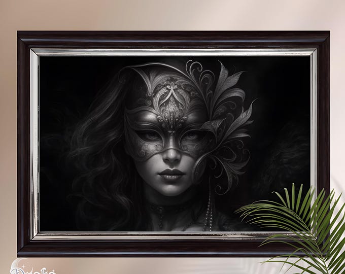 Gothic Masquerade Digital Print, Masked Lady with Floral Mask (Instant Download)