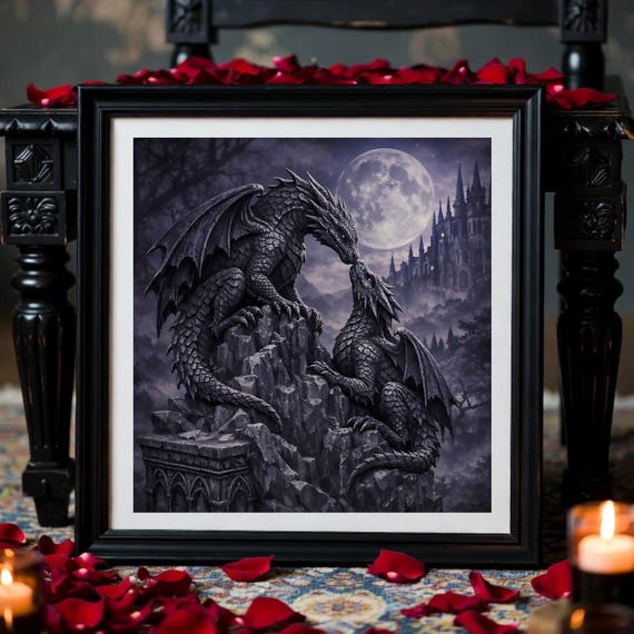 Gothic Dragon Art Print | Dark Fantasy Wall Art | Twin Dragons Under Full Moon Decor