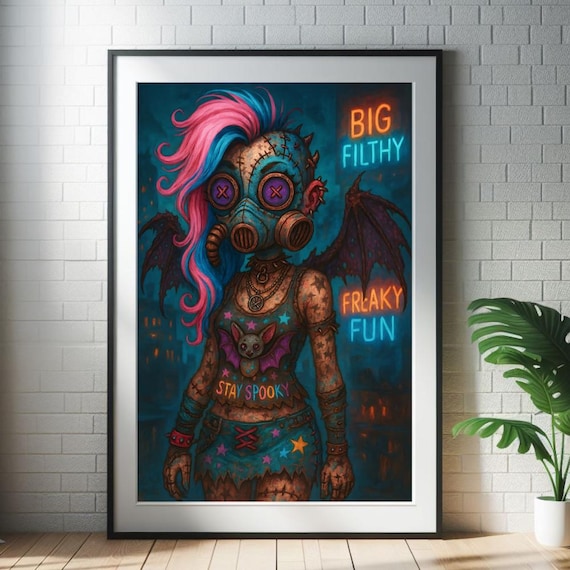 Gothic Cyberpunk Fairy Art: Neon Button-Eyed Doll, Moonlight Glow