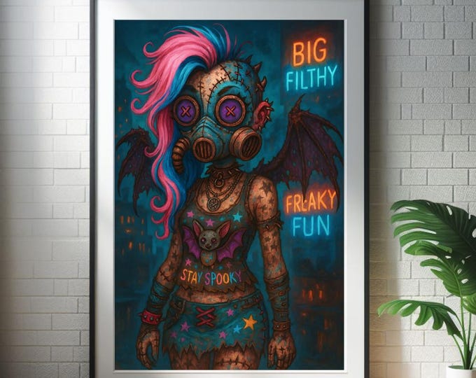 Gothic Cyberpunk Fairy Art: Neon Button-Eyed Doll, Moonlight Glow