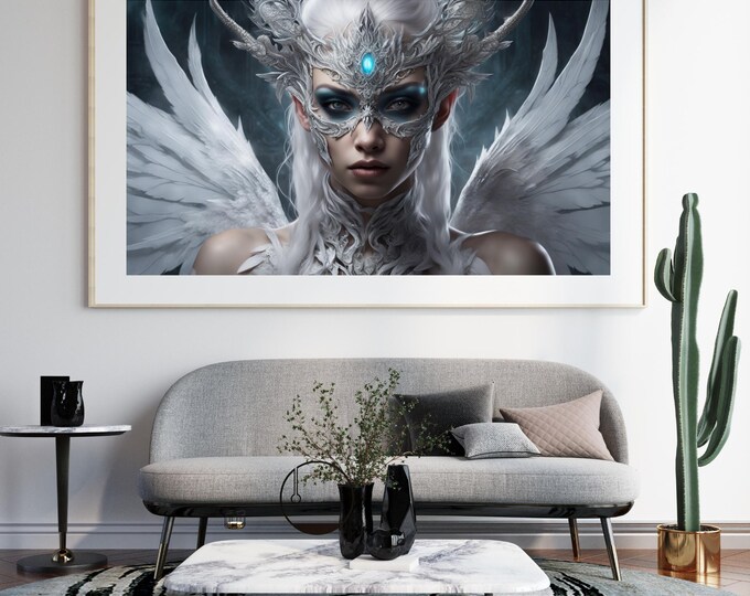 Celestial Gothic Angel Printable Art: Silver Masked Goddess, Blue Orb
