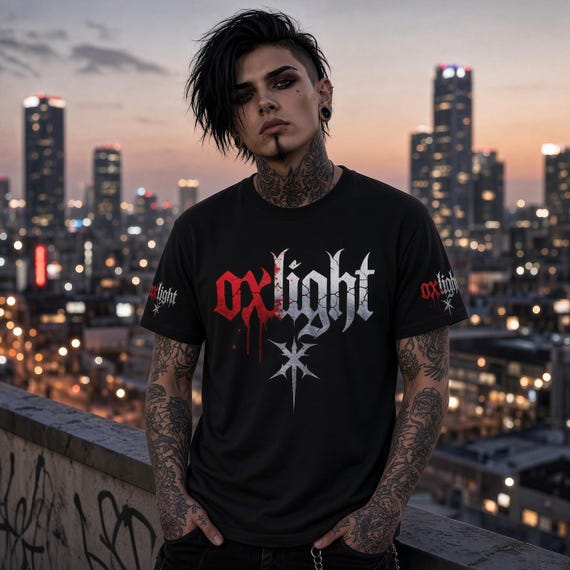 oxLight Gothic Streetwear T‑Shirt | Dark Alt Fashion Tee | Red & Silver Logo Graphic Shirt
