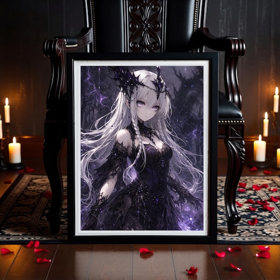 Gothic Anime Dark Fantasy Character Art | Demon Purple Sorceress Printable Illustration - Instant Download