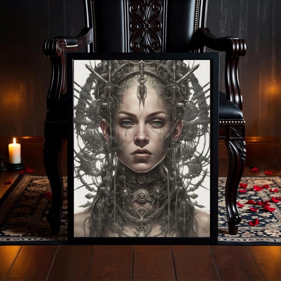 Cyberpunk Oracle Portrait • Gothic Futuristic Digital Art • Neon Prophecy Wall Print