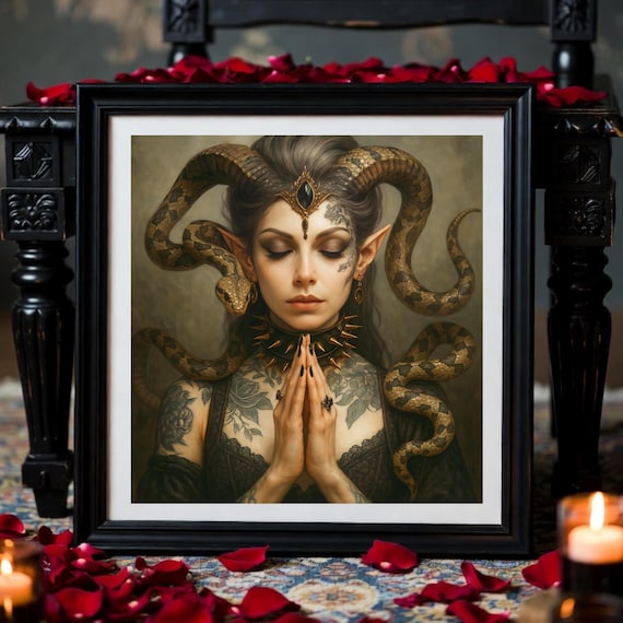 Gothic Serpent Queen Printable Art: Dark Elven Snake Priestess Print - Witch-core Decor - Instant Download