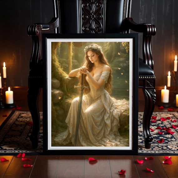 Ethereal Warrior Goddess Art, Sacred Sword, Forest Scene (Printable)