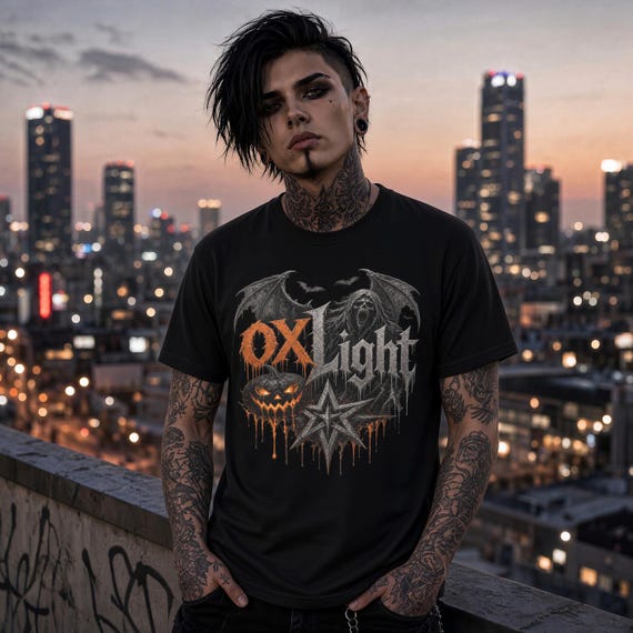 oxLight Halloween T‑Shirt • Gothic Pumpkin & Bat Graphic Tee • Spooky Dark Streetwear • Limited Edition