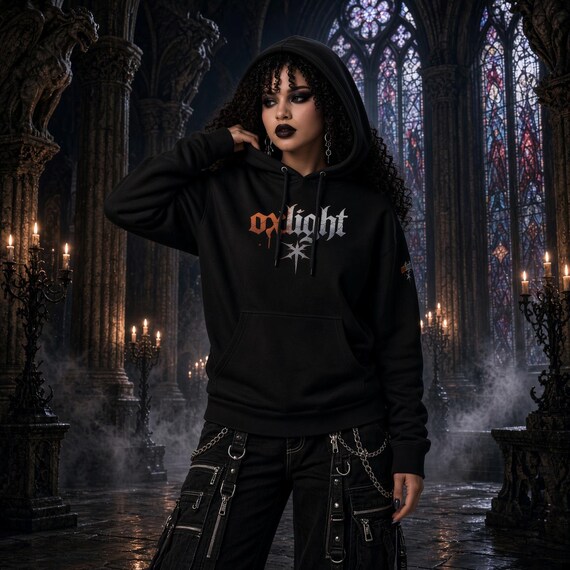 oxLight Halloween Hoodie • Gothic Pumpkin Hoodie • Onslaught Horror Streetwear • Heavyweight Black Hooded Sweatshirt