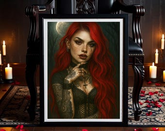 Op de afbeelding: Ingelijste kunstwerk met een vrouw met felrood haar, tatoeages en een gotische esthetiek. Het portret is geplaatst tegen een donkere, sombere achtergrond, met kaarsen en een decoratieve stoel. De vrouw draagt een zwarte top en een kruis ketting.