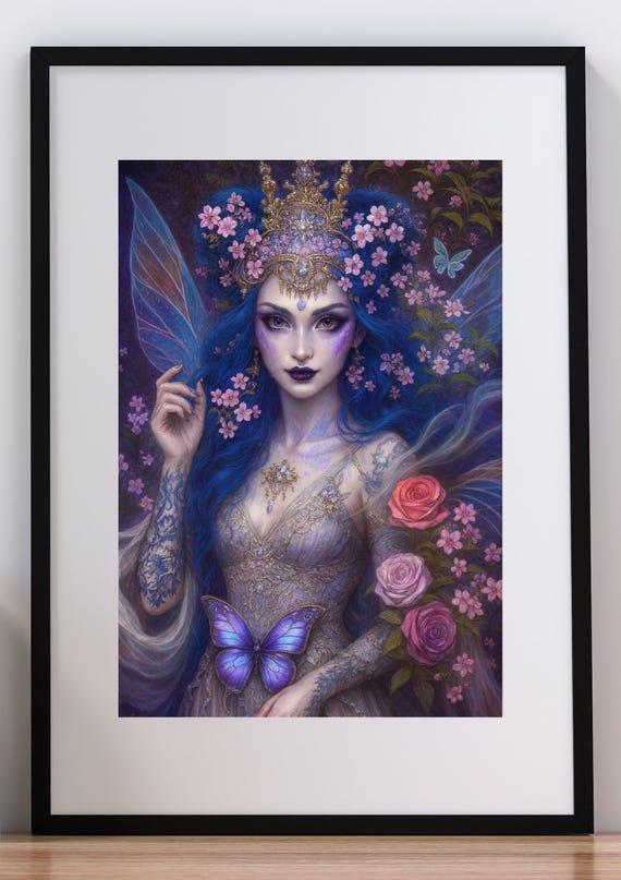 Gothic Fairy Queen Wall Art | Blue Fae Princess Bloom Print | Fantasy Butterfly Decor