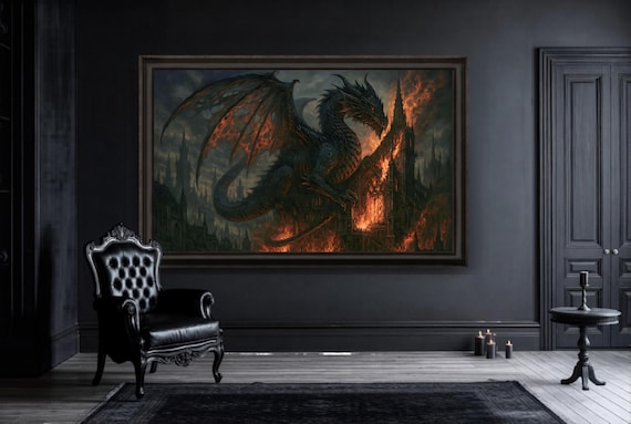 Gothic Dragon Wall Art - Wyrmfire Burning Cathedral Dark Fantasy Print - Fire Dragon Printable Download