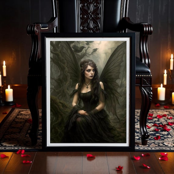 Gothic Dark Raven Fairy Wall Art Printable - Fantasy Woodland Fae Print - Witch-core Decor