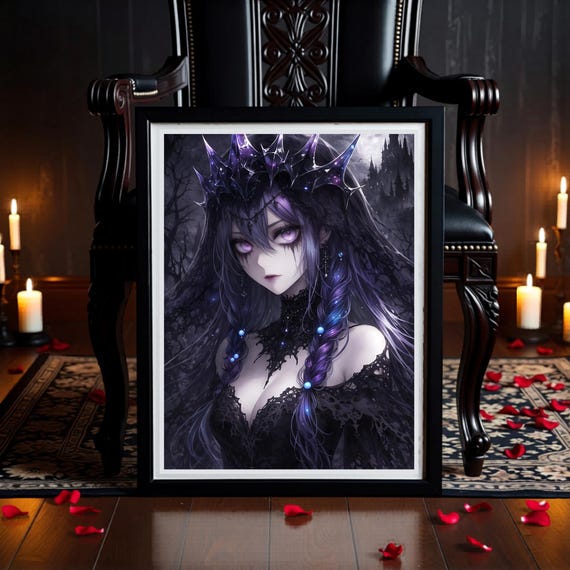 Gothic Anime Moon Priestess Art • Dark Fantasy Print • Purple Witch-core Wall Decor • Instant Download