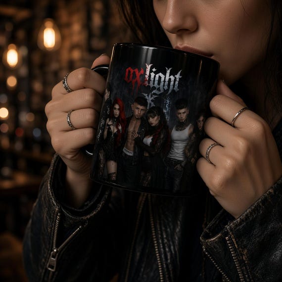 oxLight Gothic Group Art Black Glossy Mug • Dark Ceramic Coffee Cup • Goth Home Decor