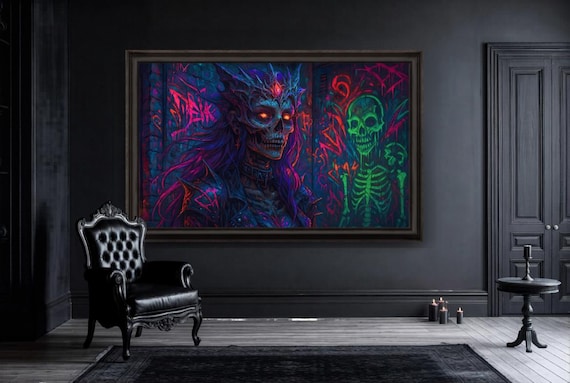 Gothic Skull Wall Art: Neon Fantasy Graffiti Decor - Dark Cyber Punk Gaming Room Decor