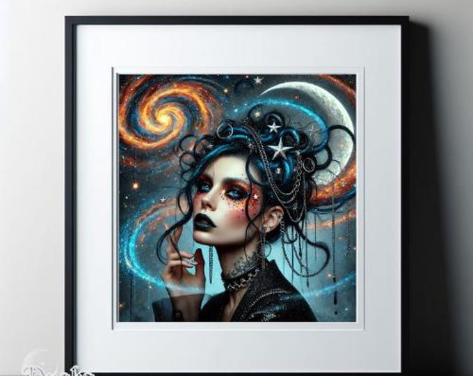 Cosmic Angel Portrait: Gothic Moon and Stars - Surreal Galaxy