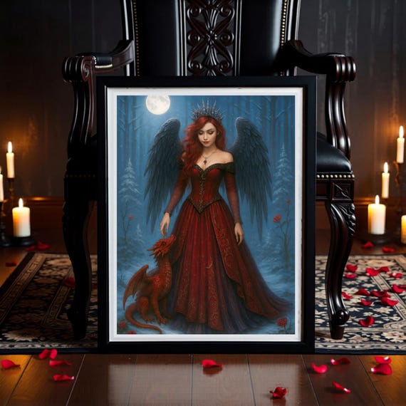 Red Fairy Queen and Baby Dragon: Gothic Winter Fantasy (Printable Art)