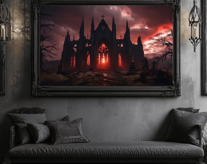 Dark Fantasy Cathedral Ruins Wall Art: Blood Red Sky, Haunted Abbey