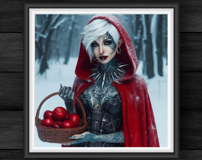 Red Cloaked Elf Portrait - Dark Fairytale, Tattooed Woman