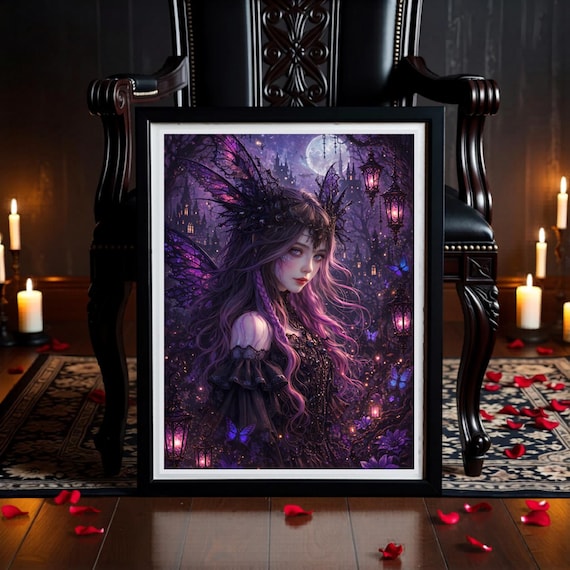 Gothic Purple Fairy with Butterfly Wings Under Full Moon – Dark Fantasy Wall Art Print