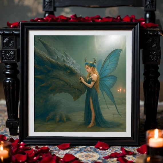 Fantasy Blue Fairy and Ancient Dragon First Meet Printable - Mystical Creatures Companionship - Digital Download