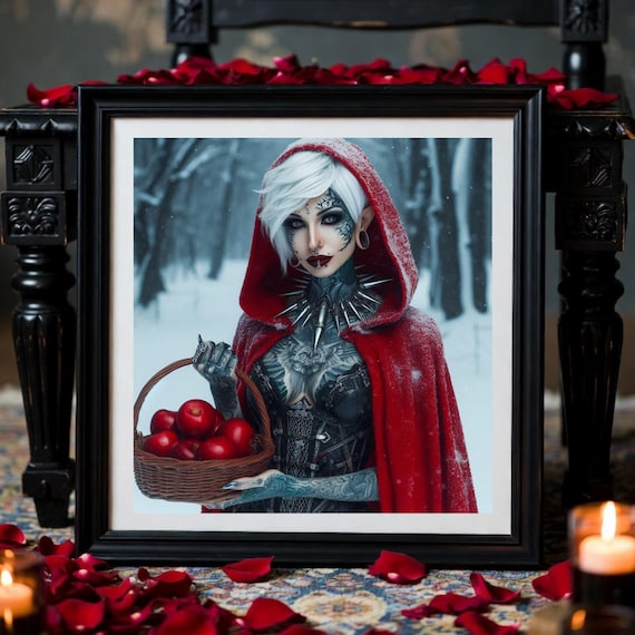 Red Cloaked Elf Portrait - Dark Fairytale, Tattooed Woman