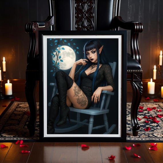 Nocturne of the Pale Moon | Gothic Fantasy Dark Elven Printable Artwork - Full Moon Art Print