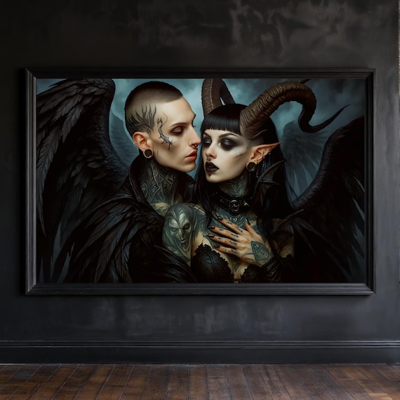 Dark Gothic Fantasy Printable Art, Fallen Angel & Demon Couple, Romance Wall Art