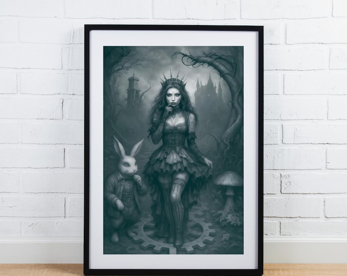 Gothic Alice and White Rabbit Art: Dark Fairytale Watercolor Print