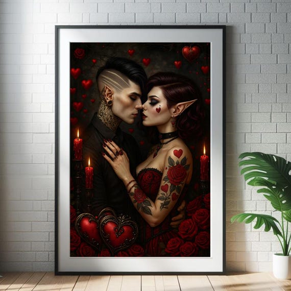 Gothic Elven Lovers Printable Art - Dark Romance Bedroom Decor - Gothic Couple Print