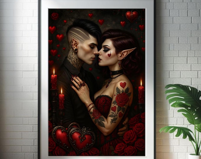 Digital Gothic Art Print: Elven Lovers Tattooed - Dark Romance
