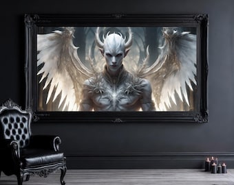 Arte gótico de demonio celestial, ángel con cuernos, lámina de fantasía oscura (descarga imprimible)