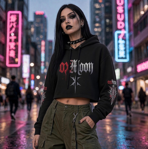 oxMoon Gothic Crop Hoodie • Witchy Star Symbol, Dark Streetwear