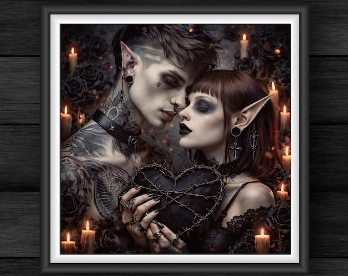 Gothic Valentine Artwork: Dark Romantic Couple with Barbed Wire Heart