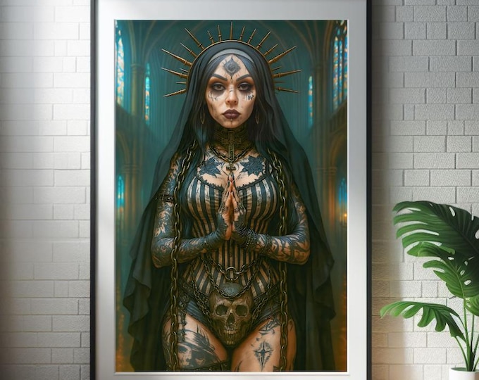 Praying Nun Wall Art: Gothic Dark Fantasy - Tattooed Saint Design