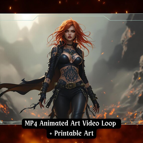 Anime Warrior Queen Animation, Red Haired Women Volcanic Scene Art (Digital Art+MP4 Loop)