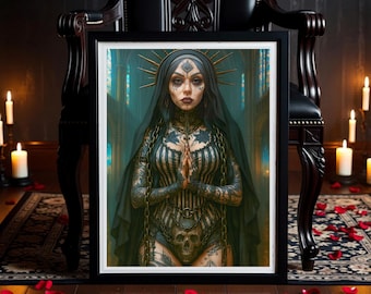 Praying Nun Wall Art: Gothic Dark Fantasy - Tattooed Saint Design