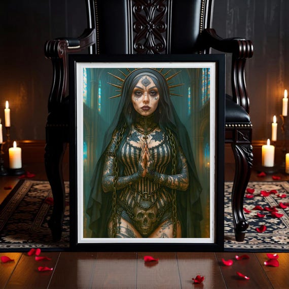 Praying Nun Wall Art: Gothic Dark Fantasy - Tattooed Saint Design