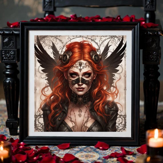Red-Haired Steampunk Siren Art - Dark Fantasy Winged Elf
