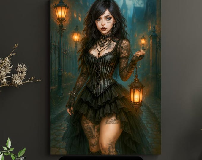 Dark Fantasy Lantern Warden Print, Gothic Witch Art (Digital Download)