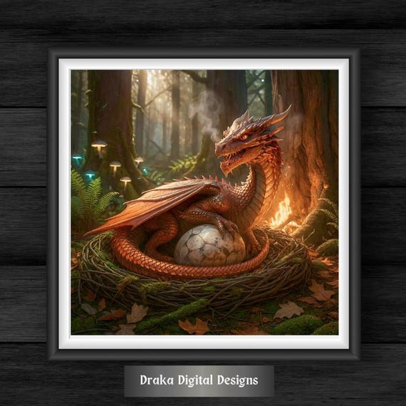 Golden Dragon Guardian Nestled Egg Printable Art – Mystical Firelight Forest Print - Digital Download