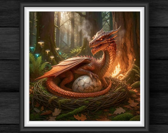 Golden Dragon Guardian Nestled Egg Printable Art – Mystical Firelight Forest Print - Digital Download
